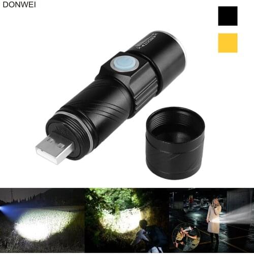DONWEI Mini USB Charger Q5 LED Flashlight Torch 3 Modes Adjustable Zoomable Travel Camping Cycling Flashlight with Strap