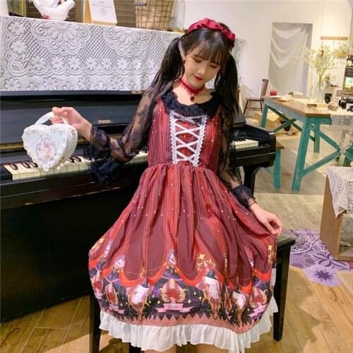 2021 New Spring Autumn Lolita Dress Sweet Cute Japanese Kawaii Vintage Gothic Printed Patterns Tea Party Sling JSK Dresses Y197