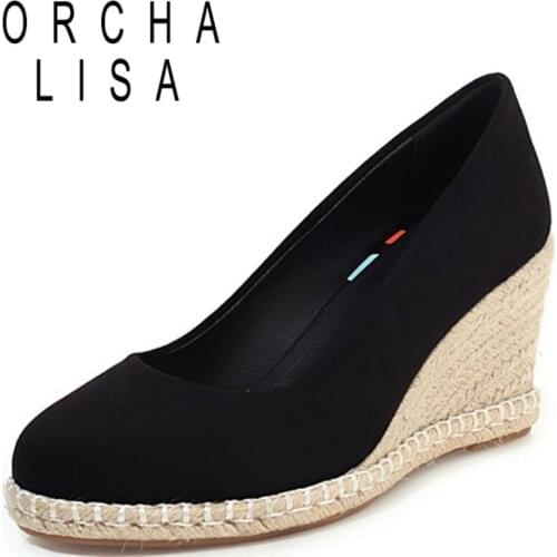 ORCHA LISA 2021 Spring Leisure Pumps Suede Cover Heel Slip On Rattan Wedges Round Toe 7.5cm Size 30-44 Green Beige White A4171