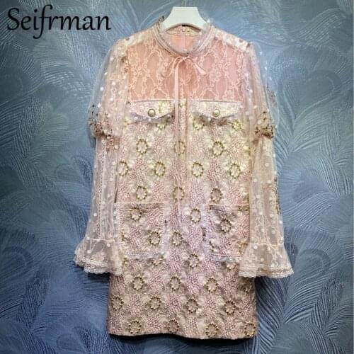 Seifrmann New 2021 Summer Women Fashion Designer Party Short Dress Flare Sleeve Pockets Embroidery Elegant Ladies A-Line Dresses