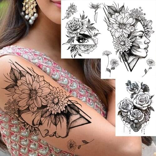 Sexy Girl Geometric Temporary Tattoo For Momen Black Triangle Eye Flower Peony Rose Tattoo Sticker Fake Jewelry Tatoos Decal