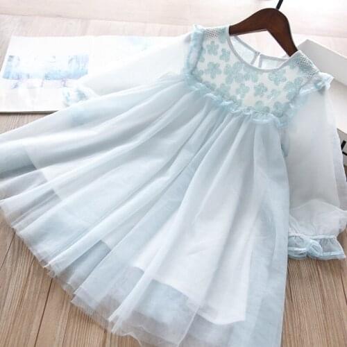 Girls blue lace flower long sleeve dresses 2021 spring fall kids dress children clothing wholesale