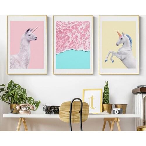 Modern Minimalist Alpaca Horse Animal Canvas Art Painting Pink Girls Room Decor Wall Art Posters and Prints for Bedroom Pictures