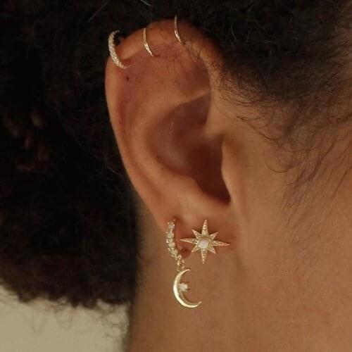 Trendy Gold Silver Color Star&Moon Drop Earring Pave Colorific Opal Round Hoop Dangle Earring for Women Wedding Party Jewelry