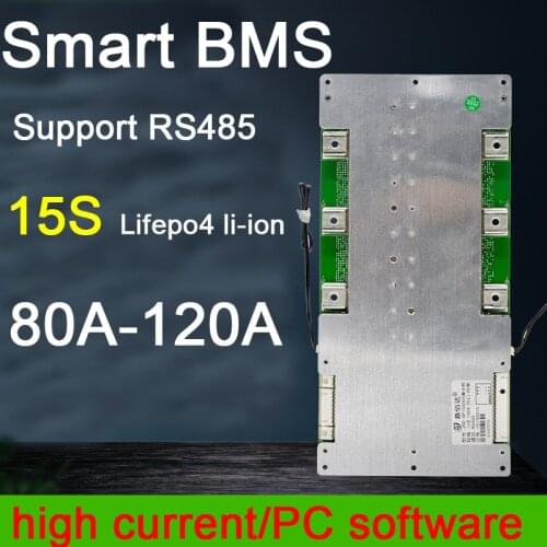15S Smart BMS 48V 56V 80A 100A 120A Li-ion Lifepo4 Lithium Battery Protection Board W/ balance High Current PC RS485 control
