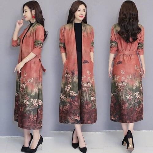 Spring Fall Women Floral Slim Sash Long Elegant Outwear , Female Overcoat , Woman Printed Flower Suede Xxl Cardigan Trench Coat