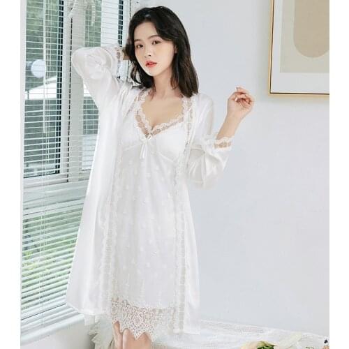 Womens Nightgown Spring Autumn 2Pcs Set with Chest Cushion Sexy Sling Silk Thick Summer Thin Ice Ladys Nightdress Sleepwear