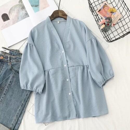 Ladies V-neck Blue Striped Loose Shirt 2021 Summer Breathable Sleeve Large Size Retro Ladies Shirt Jacket