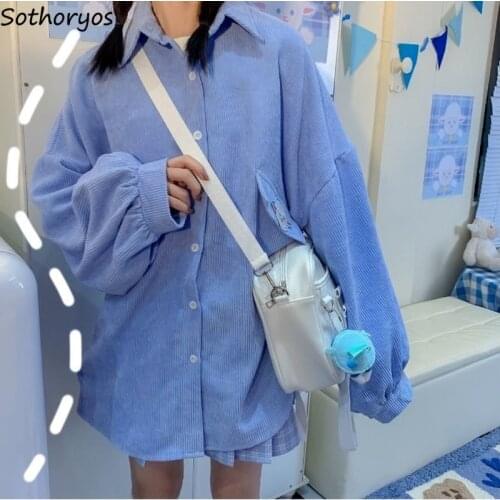 Women Shirts Lantern Sleeve Cartoon Embroidery Fashion Lovely Chic Retro Korean Style All-match Streetwear Corduroy Kawaii Teens