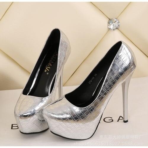 2019 HOT Women Pumps PU Slip On 14CM Thin Heels Waterproof platform Silver Wedding Office High Heel shoes woman