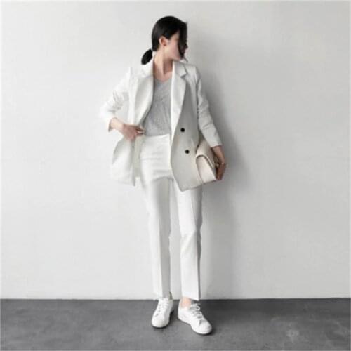 New Work Fashion Pant Suits 2 Piece Set for Women Double Breasted Striped Blazer Jacket & Trouser Office Lady Suit Feminino