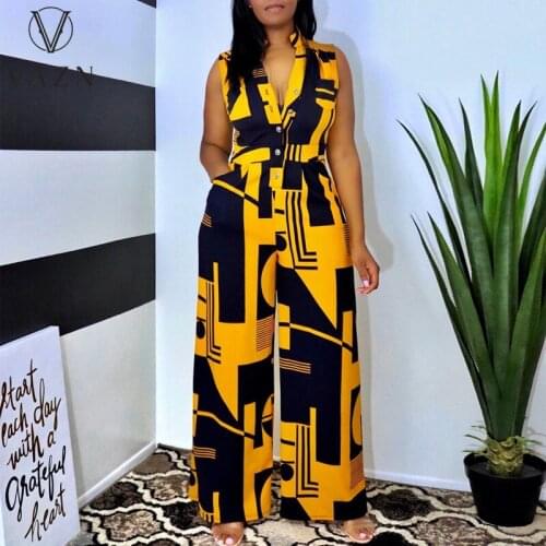 VAZN 2021 High-end Retro Office Lady Style Lace up Top Tank Sleeve Chiffon Jumpsuits Women High Waist Wide Leg Jumpsuits