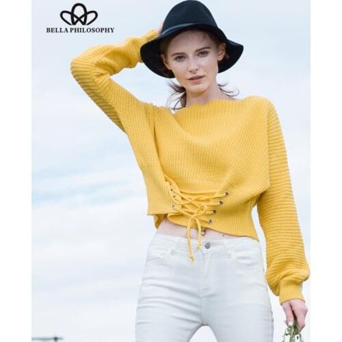 Bella Philosophy women autumn winter sweater new lace-up high waist long sleeve pullover sweater