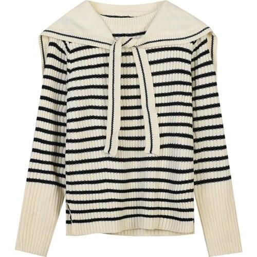 Autumn Winter 2021 New Womens Lapel Long Sleeve Contrast Stripe Letter Embroidery Slim Knit Pullover