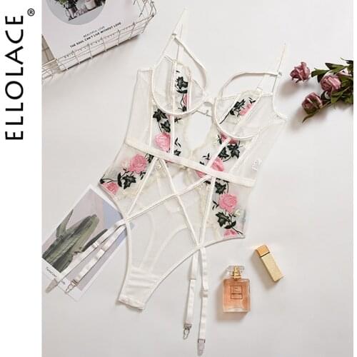 Ellolace Bodysuit Women Lace Body Floral Embroidery Overalls For Women Push Up Bodys Sexy Backless Romper Hollow Out Bodysuit