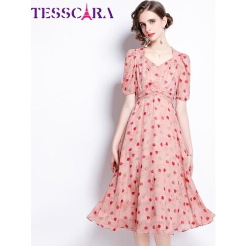TESSCARA Women Summer Luxury Dress Festa High Quality Pink Wedding Party Robe Femme Runway A-Line Designer Long Floral Vestidos