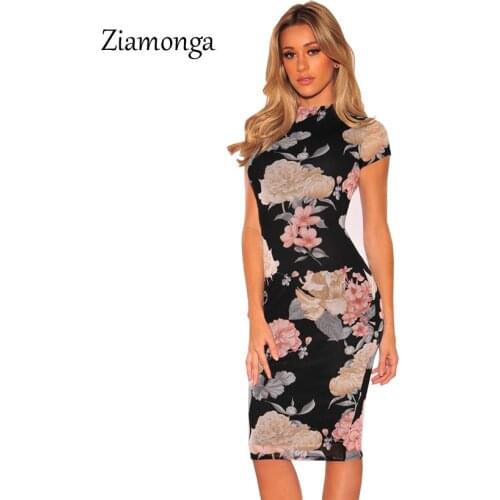 Ziamonga 2018 Summer Dress Women Costume Vestidos Mujer Elegant Floral Print Cocktail Party Dresses Sexy Work Wear Sheath Dress