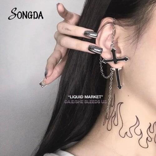 1PCS Goth Black Cross Drop Earrings for Women Vintage Long Chain Dangle Earrings Cool Punk Rock Gothic Accessories Jewelry Gifts