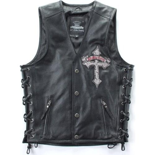 2021 Male Black Skull Cross Embroidery Vests Genuine Leather Slim Fit Soft Cowhide Biker Vest Vintage Designer Coats Plus Size