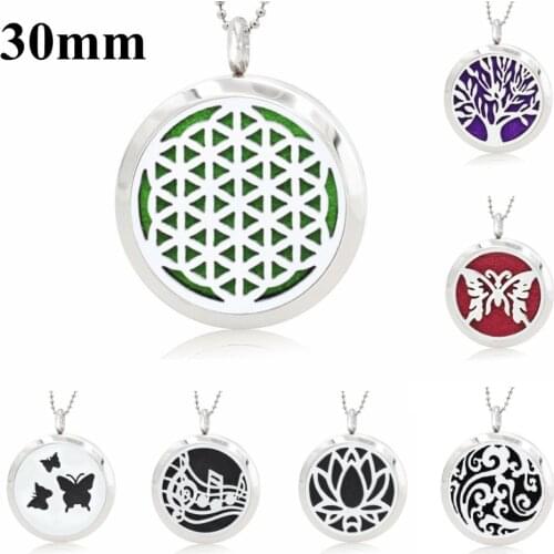 30mm Mix Style Flower of Life 316L Stainless Steel Aromatherapy Essential Oil Diffuser Locket Pendant with 10 Felt Pads Randomly