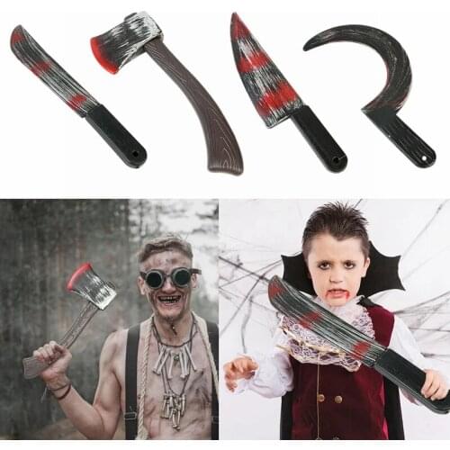 4Pc Halloween Plastic Fake Bloody Props Weapon Knife Ax Sharp Cleaver Sickle Role-Playing Horror Toy Halloween Party DIY