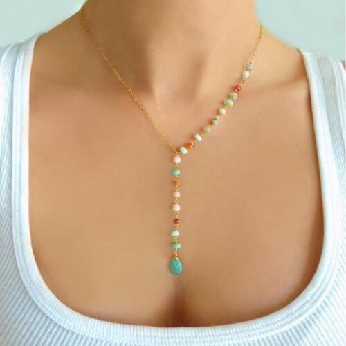 Bohemia Y Shaped Beaded Lariat Necklace For Women Jewelry Glass Boho Chic Gold Plated Multicolor Imitation Turquoise 44.5cm long