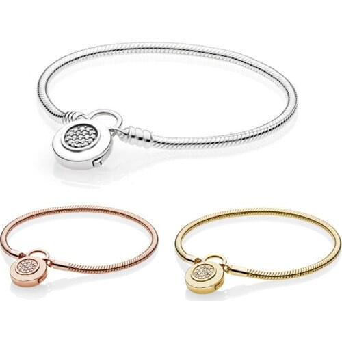 Clear CZ Signature Round Lock Closure Snake Chain Charms Bracelets for Women 925 Sterling Silver браслеты Jewelry DIY Findings