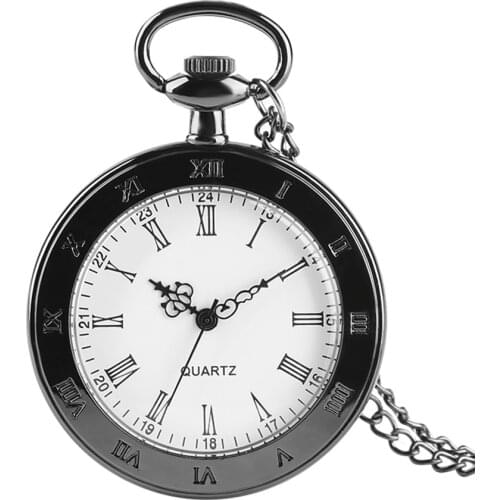 Black Color Open Face Quartz Pocket Watch Men Fashion Fob Watches with Necklace Pendant Roman Numerals Dial Male Clock Gifts