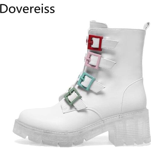 Dovereiss Fashion Womens Shoes Winter Round toe white Buckle Zipper Natural leather Concise Block heels Short boots 34-40