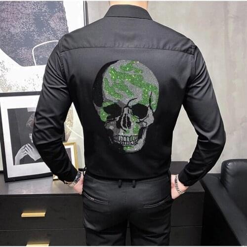 Fall/Winter Lapel Mens T-Shirt Long Sleeve Black Casual Slim Homme Blouse White High Quality Hot Diamond Design Brand New Tops