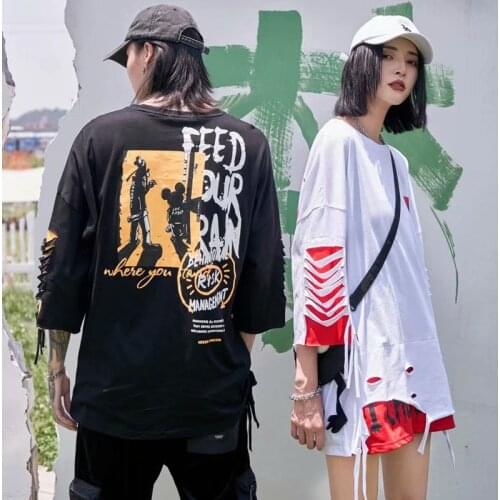 Summer Womens T Shirts Fashion Punk Style Streetwear Half Sleeve Harajuku Tops Tee Female Casual Hole T Shirts Women Clothing