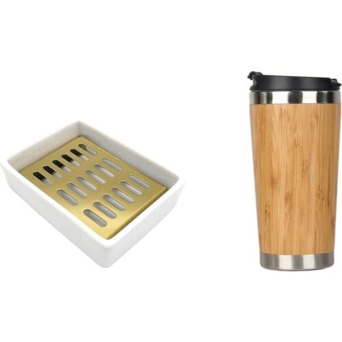 Ceramic Soap Dish Stainless Steel Soap Holder (White+Gold) & 450Ml Bamboo Coffee Cup Stainless Steel Coffee Travel Mug