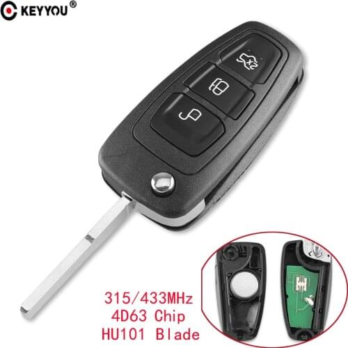 KEYYOU 3 Button Modified Flip Folding ASK Remote Car Key 433MHz 4D63 Chip For Ford Focus Fiesta Key Fob Case HU101 Blade