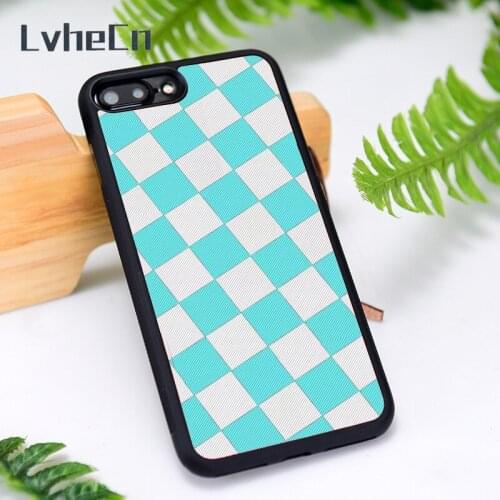 LvheCn Silicone Rubber Phone Case Cover for iPhone 6 6S 7 8 Plus X XS XR 11 12 Mini Pro Max Dusky Blue Checkers