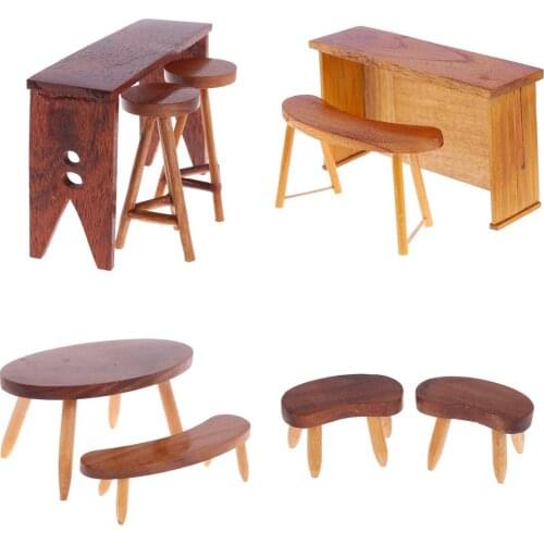 1/12 Dollhouse Miniature Wood Stool Chair Model Dining Table Chair Set Bar Table Chair Set For Dollhouse Decals New