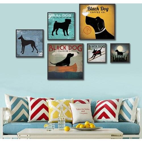Black Dog Posters and Prints Boat Moon Animals Pet Wall Art Retro Canvas Painting Wall Pictures for Living Room Home Decor