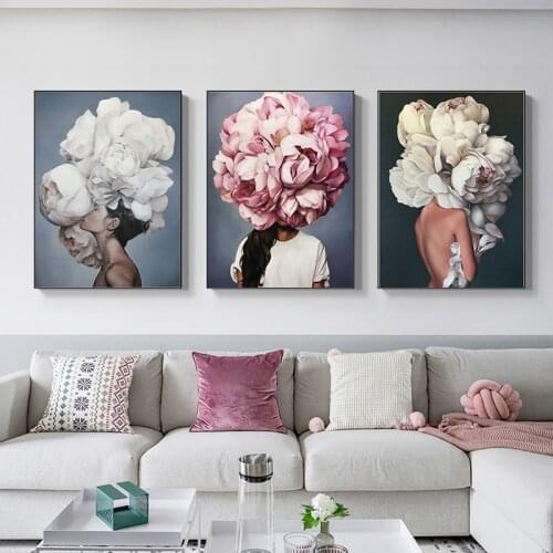 Nordic Woman Head with Flowers Canvas Paintings The Wall Art Posters and Prints Feather Girls Wall Art Pictures Home Decoration
