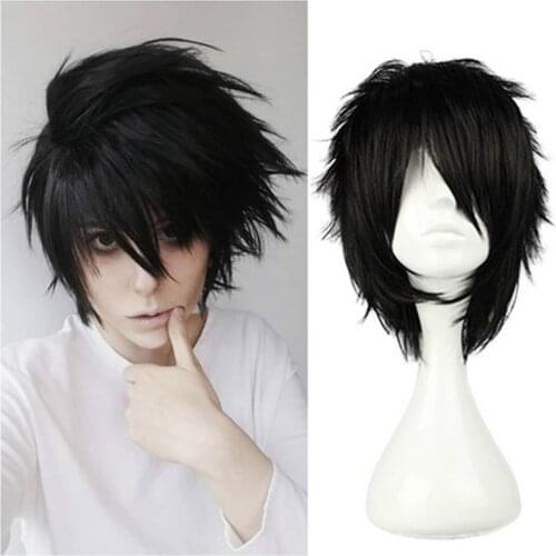 Anime Death Note L Cos Wig Mens L.Lawliet Short Black Heat Resistant Hair Pelucas Cosplay Costume Wigs + Wig Cap