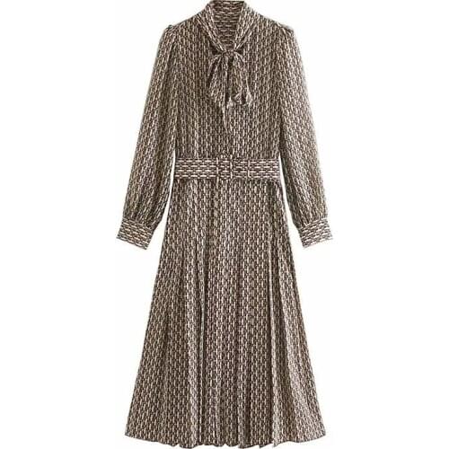 Casual Printed Dresses Women Fashion Bow Fold Dress Women Elegant Long Sleeve Dresses Female Ladies