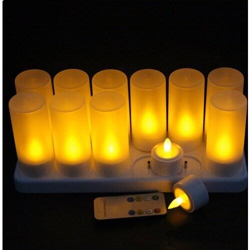 Remote controlled 12pcs Rechargeable Flameless Tea Light Glow candle lamp set 8 keys time controller Frosted holder f/Xmas Party