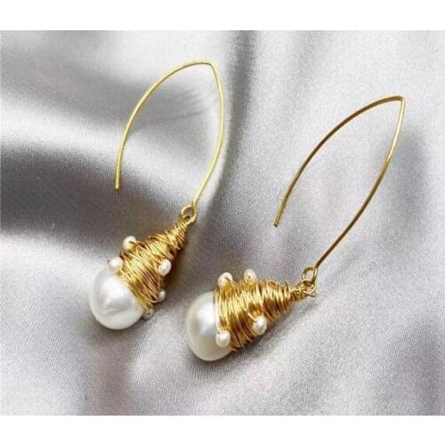 Jewelry 100% Natural freshwater Pearl Original manual windi Earring 925 sterling Silver hook drop Hand woven 14k Note gold pair