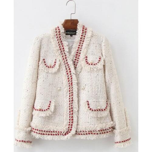 Women High quality designer white tassels coat 2021 Fall/Winter OL elegant V neck tweed jackets A769