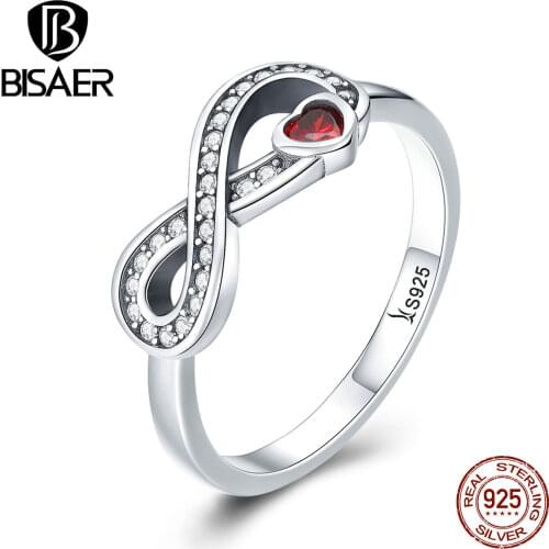 BISAER 100% 925 Sterling Silver Infinity Infinite Love Forever Rings for Women Crystal CZ Wedding Finger Ring Jewelry ECR415