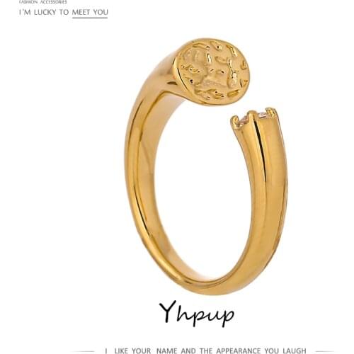 Yhpup Charm Golden Metal Round Opening Ring Delicate Cubic Zirconia Jewelry New Design Hollow Ring for Women кольцо женское 2020
