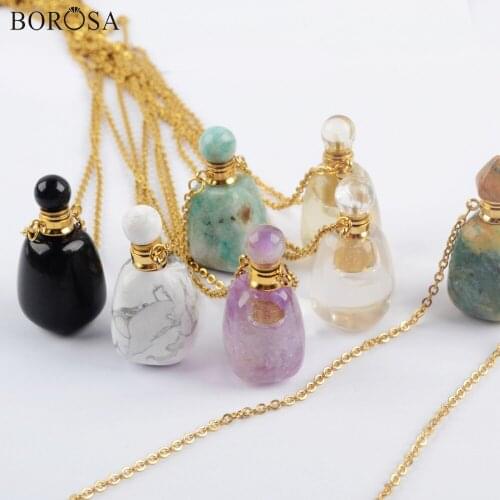 Gold Color Crystal Perfume Bottle Necklaces for Women Natural Amethysts Amazonite Essential Oil Diffuser Necklace Charms WX1611