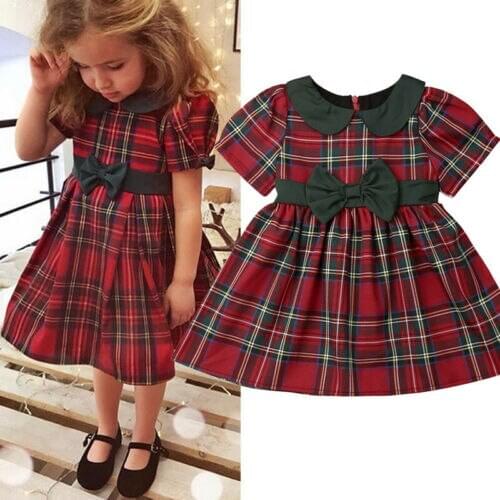 0-4Years Toddler Kids Baby Girls Christmas Plaids Bowknot Princess Short Sleeve Dress Party Xmas Dresses