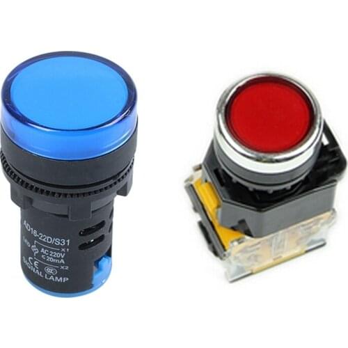 1pcs AC 220V LED Pilot Indicator Light Black Blue & 1pcs LA38-11/203 Push Button Momentary Power Press Switch Red