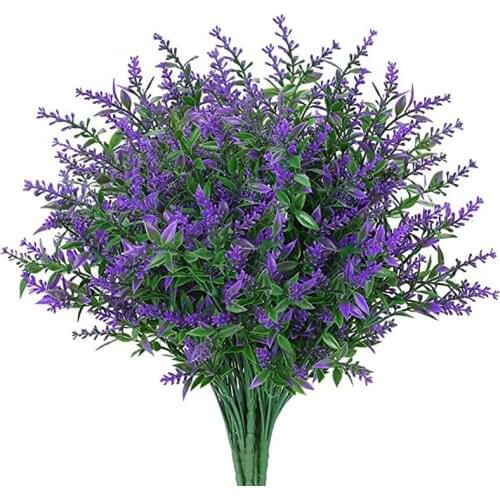 8 Bundles Artificial Lavender Flowers Outdoor Fake Flowers No Fade Faux Plastic Plants Garden Porch Window Box-Purple