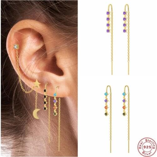 Aide 925 Sterling Silver Colorful Zircon Long Chain Tassel Threader Earrings For Women Drop Earrings Party Jewelry Pendientes