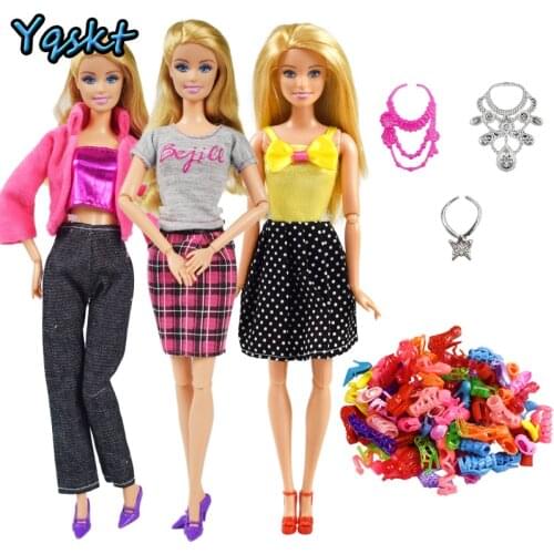 9 Item/Set Doll Accessories=3 Pcs Doll Clothes Dress + 3 Plastic Necklace + Random 3 Pairs Shoes for 12 Inch Doll Accessories